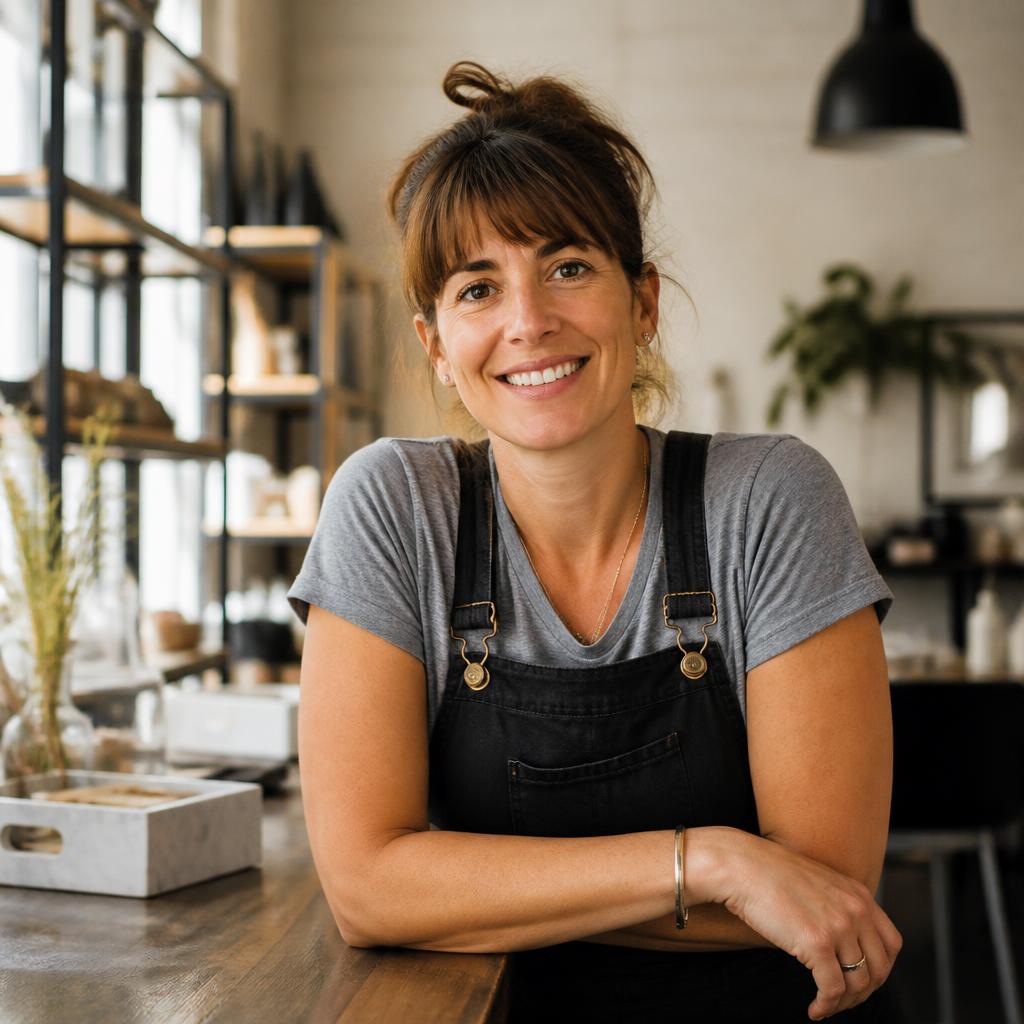Jamie Sinclair, Frame Wave Gallery customer, a small business owner in a modern workspace smiling at the camera.
